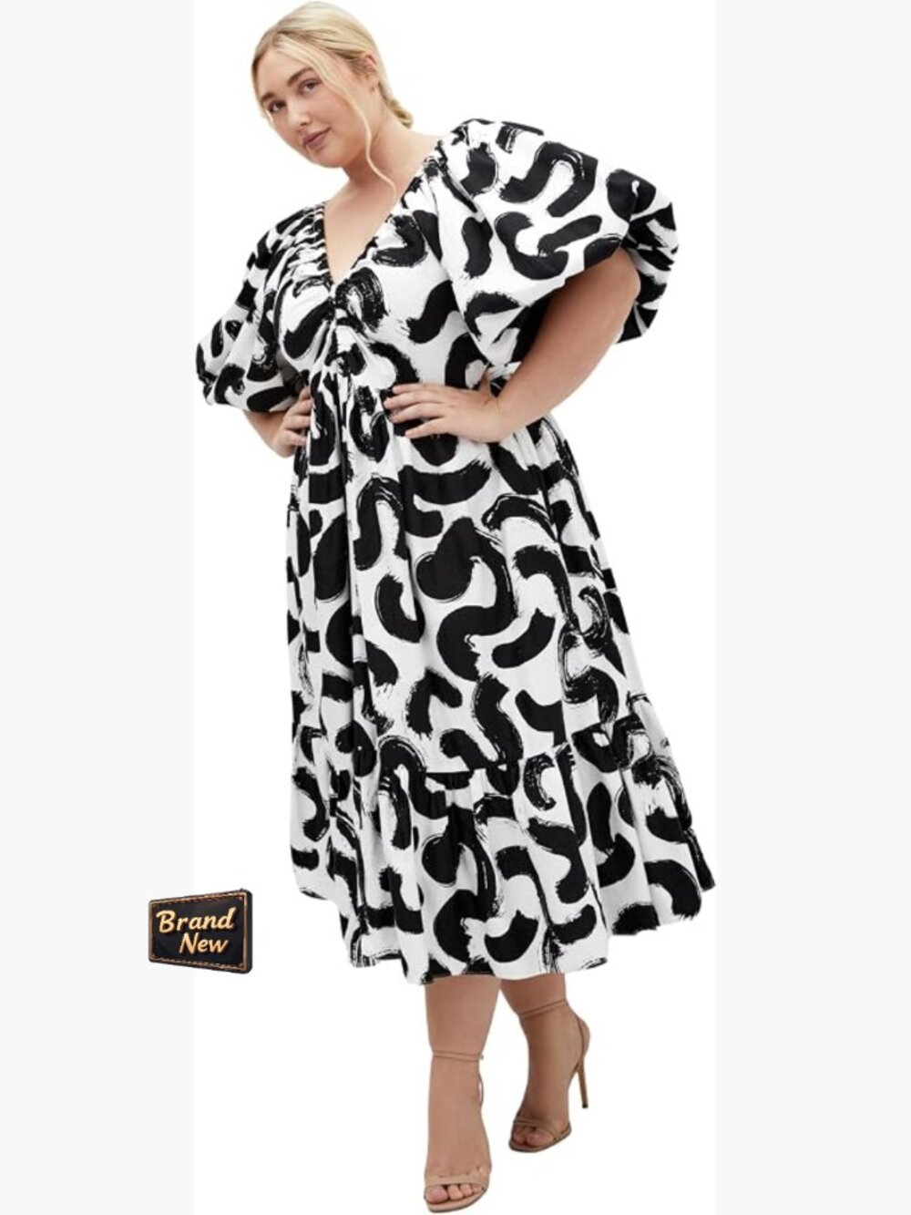 Plus Size Puff Sleeve Midi Dress with Pockets Flattering Fit & Flare